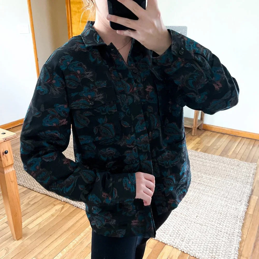 Soulland Black Floral Collared Bohemian Festival Style Button Down Canvas Jacket